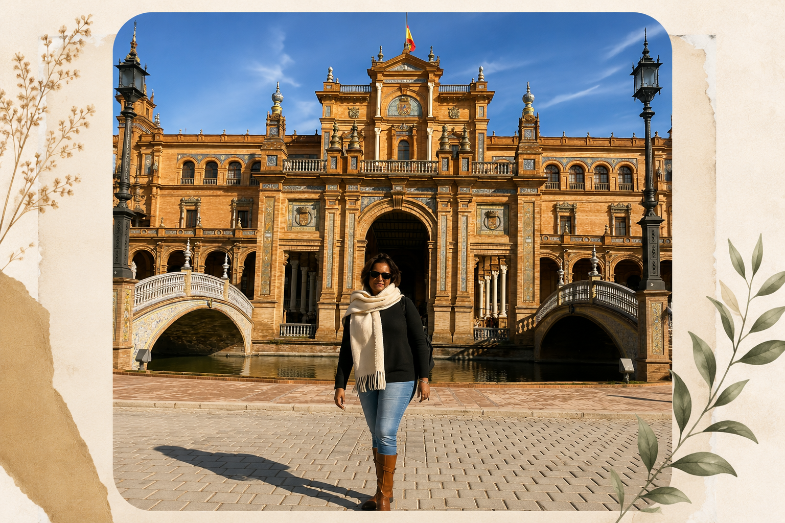 Travel portrait at Plaza de España, Seville, Spain, showcasing historic architecture, bridges and cultural heritage.