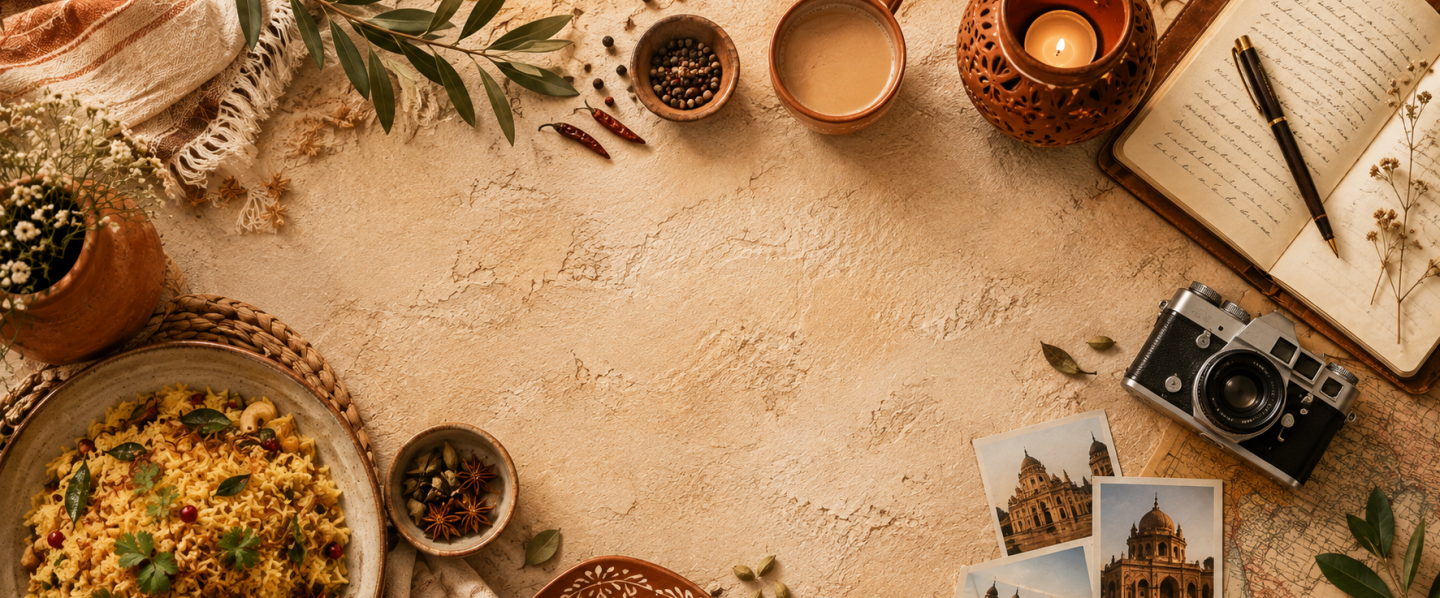 Warm lifestyle banner featuring a handcrafted meal, spices, tea, vintage camera, travel journal, map and terracotta pottery arranged around a textured cream background.